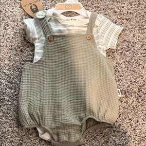 Baby Olive Green Waffle Romper One-Piece with Striped Tee - Bear Brand